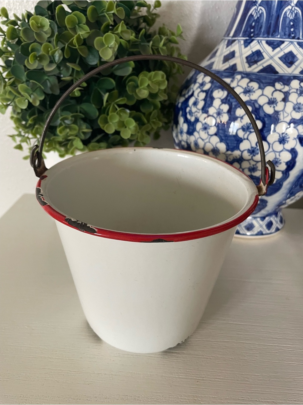 Vintage Farmhouse Enamel Bucket & handle 6.25” White /Red Trim Primitive Rustic